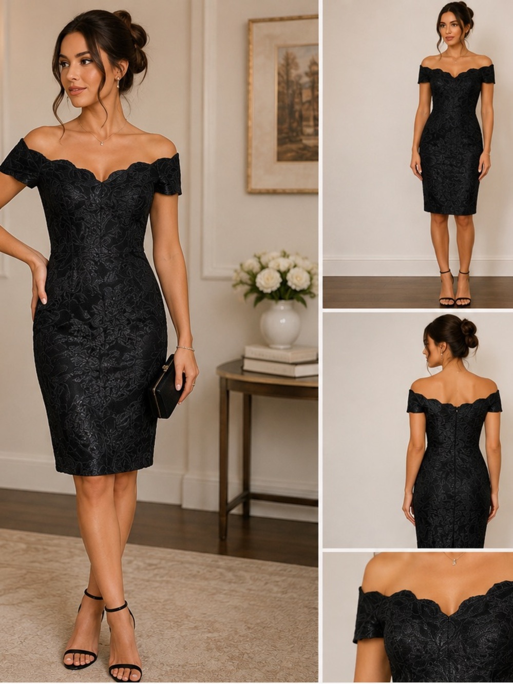 Roberta Black Floral Lace Off Shoulder Bodycon Cocktail Dress